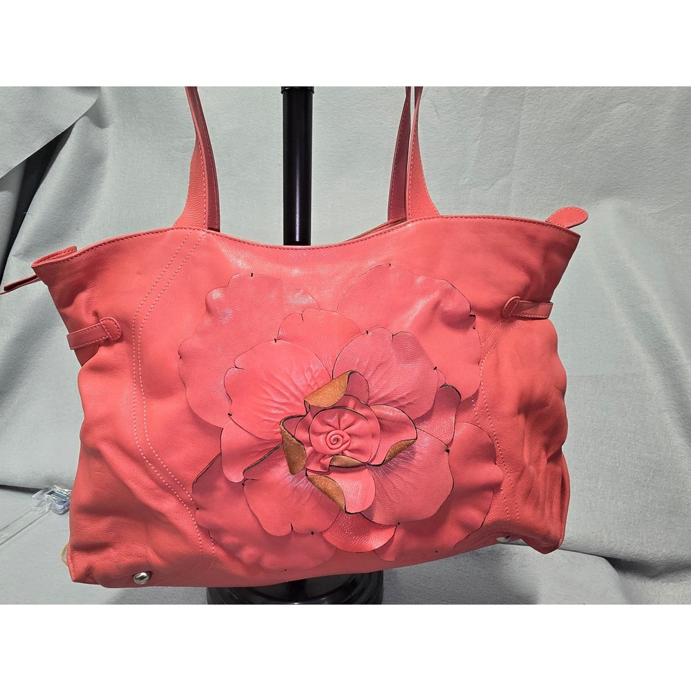 Sorial New York Coral Pink Leather Floral Applique Tote Shoulder Bag Paisley